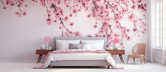 Capture a detailed close-up shot of a bed in a bedroom adorned with a captivating wall mural - obrazy, fototapety, plakaty