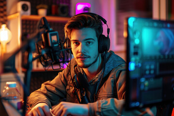 Obraz premium Young Social Media Content Creator Recording Vlog at Home beautiful studio shot 