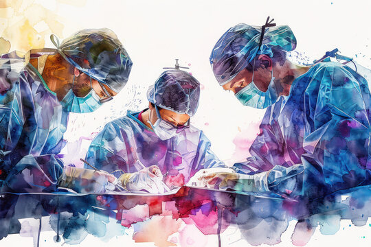 Colorful watercolor of a group of doctors performing surgery on a patient