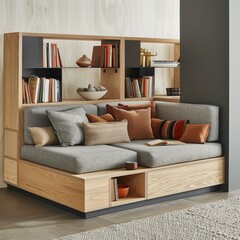 Cozy reading nook with an integrated bookshelf sofa in earthy tones, blending storage and comfort in a modern living area.