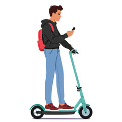 Teenager Joyfully Zips Through The City On Electric Scooter, Effortlessly Navigating Streets While Using Smartphone