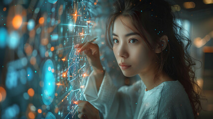 Jeune femme asiatique, scientifique, étudie des données sur un écran futuriste, femme chinoise ou japonaise - obrazy, fototapety, plakaty