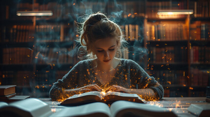 Fototapeta na wymiar Jeune femme étudie ou lit un livre, effet graphique avec des lumières