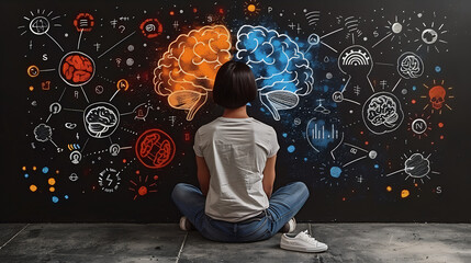 Image avec un cerveau, illustre la réflexion, l'intelligence et la mémoire, avec une jeune fille...