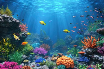 Organic coral reef with colorful marine life in a realistic 3D underwater backdrop