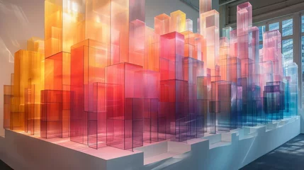 Foto op Canvas A vibrant three-dimensional model of an urban landscape with multi-colored glass buildings that playfully refract the surrounding light © Zhanna