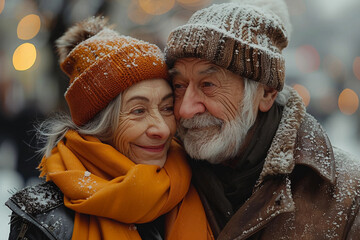 Close up portrait of Senior elderly loving couple very old man and old woman wearing warm coats and hats hugging walking at city streets or park at autumn or winter. Faces covered wrinkles
