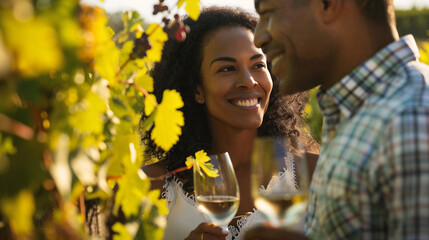 Happy young couple toasting with white wine in vineyard on a sunny day