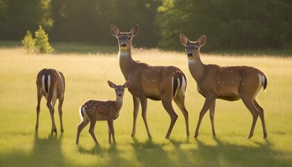 Naklejka na ściany i meble A Family Of Deer Grazing In A Sunlit Meadow