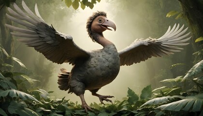 A Dodo Bird Flying With Wings Made Of Leaves