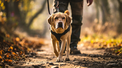 Labrador Retriever dog on a leash with owner in the autumn forest