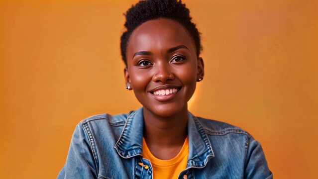Cheerful young woman in denim jacket on yellow background. Vibrant indoor studio shot with copy space