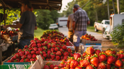 Strawberries at a farmers market in the countryside in the summer