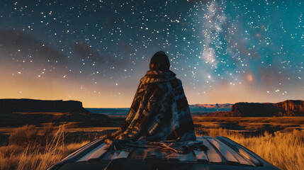 A young woman in a plaid sits on the hood of a car and looks at the milky way