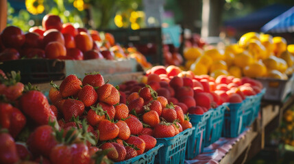 Strawberries at a farmers market in the countryside in the summer