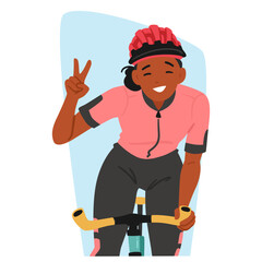 Sportswoman Cyclist Pedals With A Radiant Smile and Victory Gesture, Embodying Joy In Motion, Vector Illustration