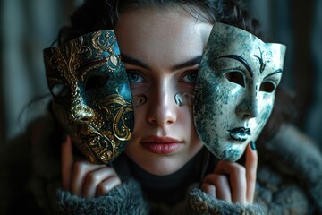 Fake emotion, character roles, intricate interplay of masks, moods, psychological defense mechanisms performed role-playing, concealing false visage for defense, theater Psychology psychoanalysis - obrazy, fototapety, plakaty