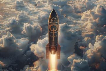 symbol of life, a realistic 3d rendering of an ankh painted on the side of a rocket ship leaving earth with massive clouds in the background, ar 16:9