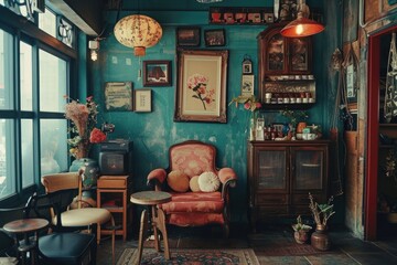 A retro room design invoking nostalgia with vintage elements, Nostalgic retro room design featuring...