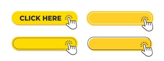 Vector yellow push button set. Click here button with hand pointer clicking