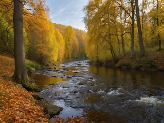 Tuinposter Autumn landscape, river Poltava, Czech republic, Europe © haiderali