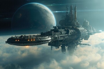 A sci-fi illustration portraying futuristic concepts and technology background, Illustration depicting futuristic concepts and technology in a sci-fi setting.