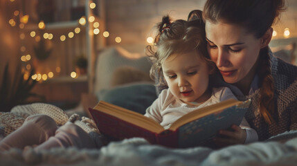 mother reads a fairy tale to a child - obrazy, fototapety, plakaty