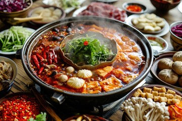 Sichuan hot pot with an assortment of ingredients, A spicy Sichuan hot pot brimming with diverse ingredients. - obrazy, fototapety, plakaty
