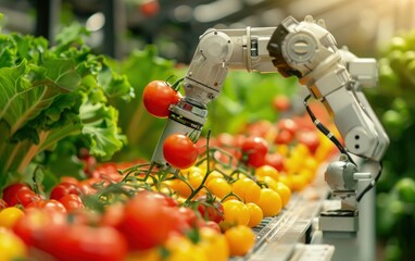 Automated Agriculture: Robotic Arm Harvesting Tomatoes in High-Tech Farm
