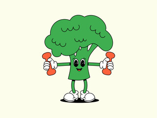 Sport broccoli with dumbbells in hands. Green groove vegetable. Character of Healthy food. Retro Vector illustration