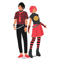 Emo Subculture Couple Shares A Deep Bond Over Music And Fashion, Embracing Tight Jeans, Band Tees, Expressive Hairstyles