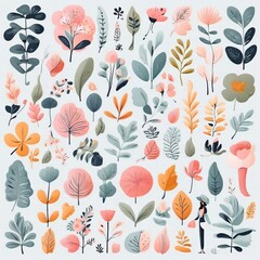 Obraz premium A collection of seamless pattern, colorful abstract plants and flowers. Hand drawn Collection of leaves and flowers. A close up of a pattern of flowers and leaves. 
