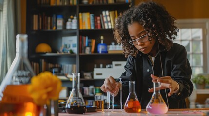 A student conducting a science experiment at home, turning everyday materials into tools of discovery and innovation. - obrazy, fototapety, plakaty