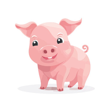 Cute pink pig with curly tail isolated on white bac