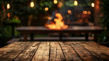 Empty Wooden Tabletop with Blurred Parrilla Grill on Fire in the Background