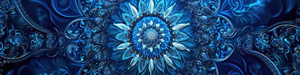 a stunning mandala against a cerulean blue background, emphasizing the fine details and cool tones with exceptional clarity.