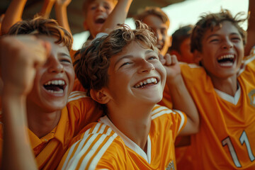 cheerful young boys celebrating victory in soccer field 