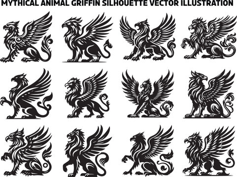 Mythic Bird Griffin Silhouette Vector Illustration Set