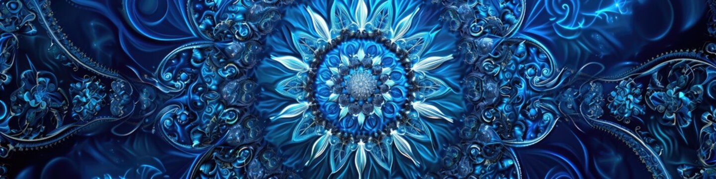 a stunning mandala against a cerulean blue background, emphasizing the fine details and cool tones with exceptional clarity.
