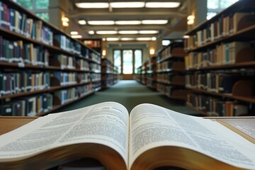 Obraz premium Open book on wooden table in library. Education and knowledge concept. Selective focus.