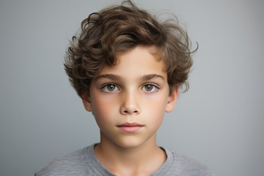 Close up portrait of a cute little boy with curly hair, isolated on grey background