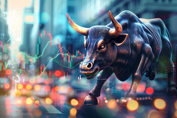 Dynamic Bull Market Illustration with Cityscape and Financial Candlestick Chart
