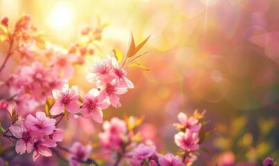 Beautiful cherry blossoms in spring time with sun rays and lens flare, nature background. Cherry blossom background with bokeh effect and copy space.