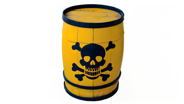 A yellow barrel with a skull and crossbones on it
