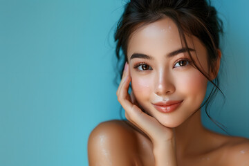 Skin care. Woman with beauty face touching healthy facial skin portrait. Beautiful smiling asian girl model with natural makeup touching glowing hydrated skin on blue background closeup - obrazy, fototapety, plakaty