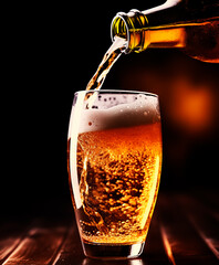 Close up of pouring beer, black background - 766649744