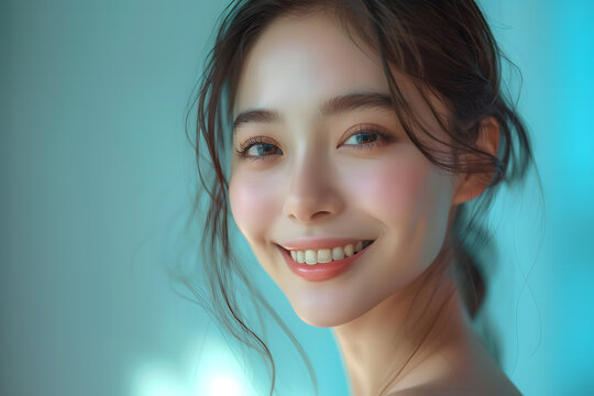 Skin care. Woman with beauty face touching healthy facial skin portrait. Beautiful smiling asian girl model with natural makeup touching glowing hydrated skin on blue background closeup
