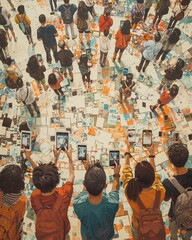 Capture the essence of consent in a hyper-connected world with a unique wide-angle view Depict a diverse mix of individuals and devices symbolizing the complexities of granting and respecting boundari - obrazy, fototapety, plakaty