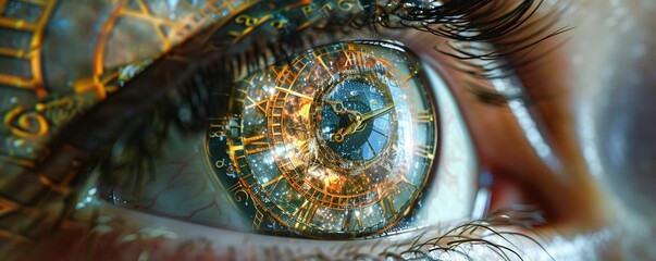 Capture the essence of time manipulation through a detailed zoom-in on a persons eye reflecting a kaleidoscope of clock faces melting and reshaping time Infuse the image with a sense of wonder and cur - obrazy, fototapety, plakaty