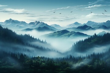 Foggy morning in the Carpathian mountains, Ukraine. - obrazy, fototapety, plakaty